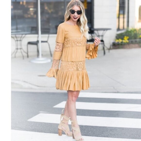 Tularosa Revolve Berkley Mini Dress Ruffle Long Sleeve Saffron Yellow Size XS - Picture 9 of 15